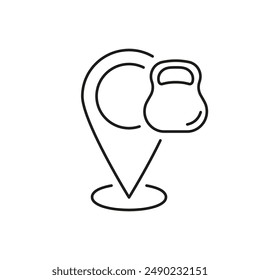 Map Pin with Kettlebell Line Icon. Fitness Center Location or Gym for Exercise and Training Outline Symbol. Isolated Vector Illustration.