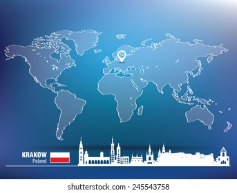 Anclaje de mapa con el horizonte de Cracovia - ilustración vectorial