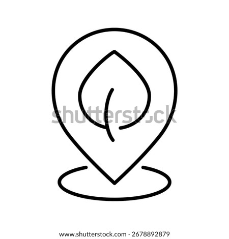 Map pin with leaf line icon. Eco friendly location. Sustainable place, green area, natural park, local farming and healthy organic products. Eco conscious travel destinations. Vector illustration. 