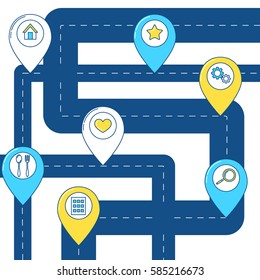 Map pin line design, gps icon on road's background, you are here notification on road's background