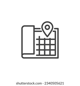 Mapa con el icono de la línea de anclaje. signo de estilo lineal para concepto móvil y diseño web. Mapa de papel con el icono vectorial de contorno de pin de ubicación. símbolo de navegación gps, ilustración del logotipo. Gráficos vectoriales