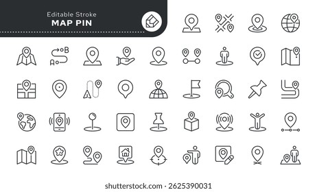 Map pin line icon set. Location, push pin, map marker, geolocation, route, flag, position, gps, address and more. Outline vector icon in linear style. Series of pictograms.	
	


