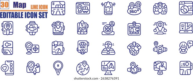 Map pin line icon set. Location, push pin, map marker, geolocation, route, flag, position, gps, address and more.