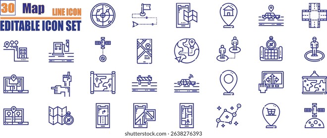 Map pin line icon set. Location, push pin, map marker, geolocation, route, flag, position, gps, address and more.