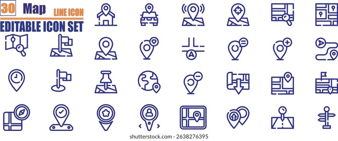 Map pin line icon set. Location, push pin, map marker, geolocation, route, flag, position, gps, address and more.