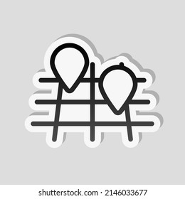 Map with pin, location by gps, simple landmark. Linear sticker, white border and simple shadow on gray background