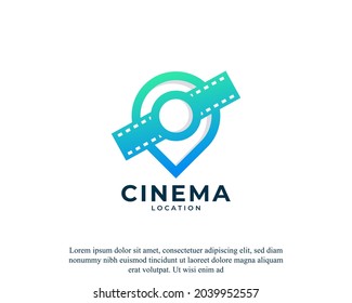 Map Pin Location with Camera Reel Stripes Filmstrip Logo. Film location glyph icon Vector