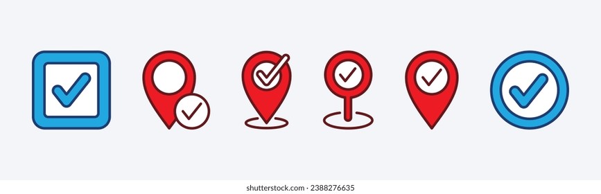 Map pin location checkpoint icon set. Map markers with check mark sign. Vector illustration on a white background