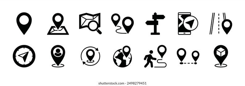 Map pin location flat icon vector set. Containing marker, direction, route, navigation, GPS, compass, distance, path, you are here, tracking, pointer, destination, positioning, street board