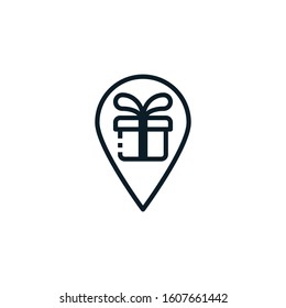 Map pin, location with gift outline icons. Vector illustration. Editable stroke. Isolated icon suitable for web, infographics, interface and apps.