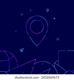 Map pin, location gradient line vector icon, simple illustration on a dark blue background, logistics related bottom border.