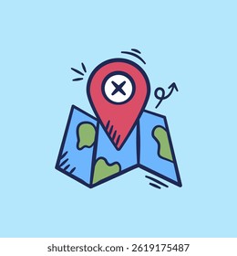 Mapa com localização do pin desenhado à mão ilustration.Navigation ícone doodle ponteiro no contorno vetor estilo plano.