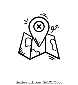 Karte mit Pin Position handgezeichnete Illustration.Navigation Zeiger doodle Symbol in Umriss flachen Stil Vektor.