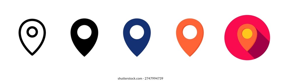 Map pin and location icon collection. Minimalist GPS navigation markers, colorful destination point symbols, and business travel icon set. Vector illustration