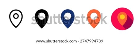 Map pin and location icon collection. Minimalist GPS navigation markers, colorful destination point symbols, and business travel icon set. Vector illustration