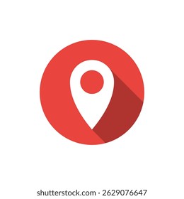 Map pin, location icon with long shadow. Address, place marker sign symbol