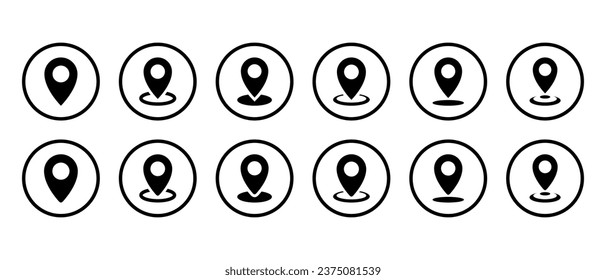 Map pin location icon set collection in circle line. Address position sign symbol
