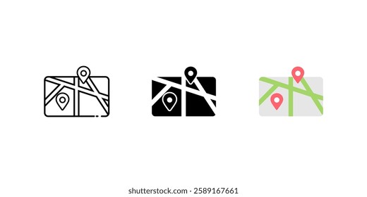 map pin location icon set. Linear, silhouette and flat styles are editable.
