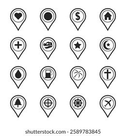 Map pin location icon set, map pointer, location point icon collection