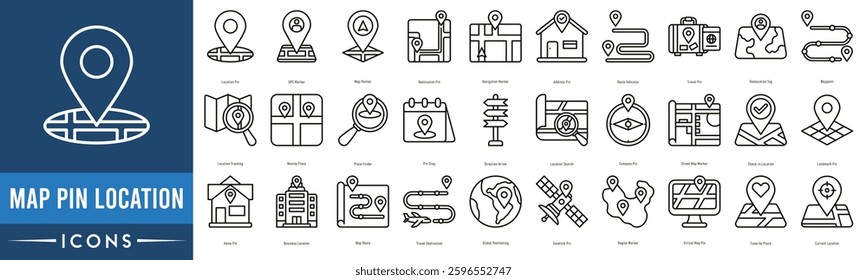 Map pin location Icon set. Location Pin, GPS Marker, Map Pointer, Destination Pin, Navigation Marker, Address Pin and Route Indicator