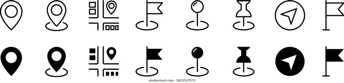 Map pin location icon set. Map markers isolated on white background. Black pointer GPS location symbol. Vector illustration.