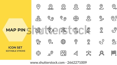 Map Pin and Location Icon Set in Line Style — Editable Stroke Collection Featuring Navigation, GPS, Address, Place, Directions, Distance, Map Marker, Web Icons, and More,