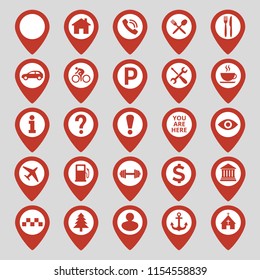 Map pin location icons set on gray background. Vector illustration