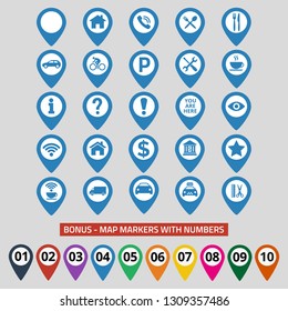 Map pin location icons set on gray background. Vector illustration