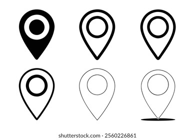 Map Pin Location Icons Set - Black and White GPS Marker Vector Symbols