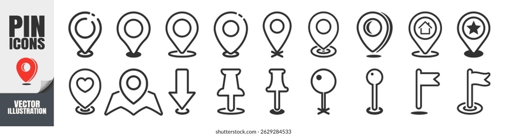 Map Pin and Location Icons Set. GPS Pointer, Address Symbol, Flat and Outline Vector Collection for Navigation and Maps Isolated on Transparent