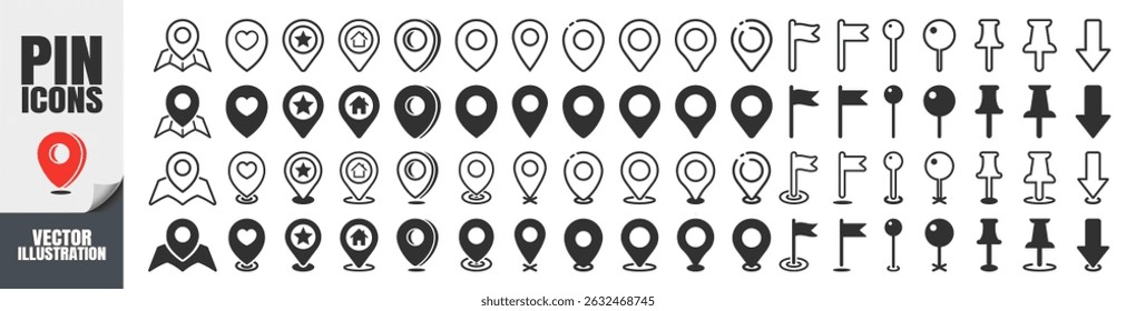 Conjunto de ícones de localização e PIN do mapa. Ponteiro GPS, Símbolo de Endereço, Conjunto de Vetores Simples e de Contorno para Navegação e Mapas Isolados em Transparente