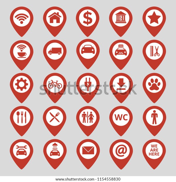 Map pin location icons set on gray\
background. Vector\
illustration