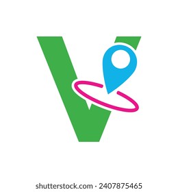 Logotipo de ubicación del pin de mapa combinado con la plantilla del vector de letra V