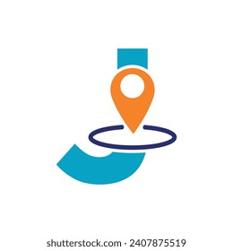 Logotipo de ubicación del pin de mapa combinado con la plantilla del vector de letra J