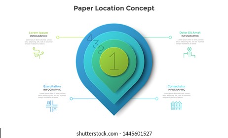 Map pin or location mark consisted of four colorful paper round elements placed one on another. Concept of 4 steps of business route. Modern infographic design template. Realistic vector illustration.