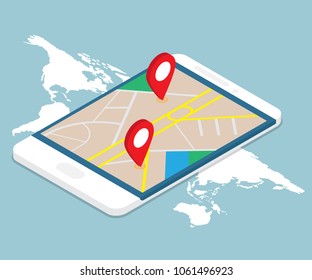 map with pin location on smartphone vector isometric background