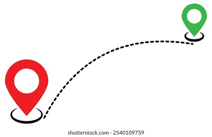 Map pin, location pointers with continuous dotted path. GPS navigation line route mark. Road way location pin symbol.