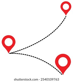 Map pin, location pointers with continuous dotted path. GPS navigation line route mark. Road way location pin symbol.