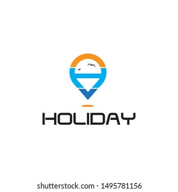 map pin location, sea or ocean, cloud or sky and eagle bird idea logo design vector icon illustration inspiration