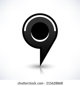 Map pin location sign circle icon in simple flat style. Black shapes with gray shadow and reflection isolated on white background. Web design element save in vector illustration 8 eps