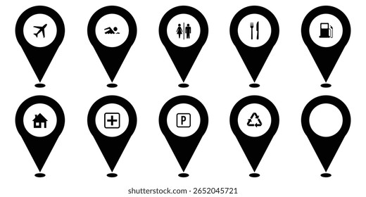 Karte Pin Position Symbol Vektor Symbol, Marker Symbol Vektor. Standort-Symbolsatz. Flacher Symbolsatz von Ortungs- und Kartenstiften. Platzierungsmarkierung für Kartenstift. Symbol für Positionszeiger im flachen Stil. Design EPS 10. 