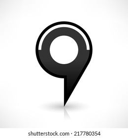 Map pin location sign round icon in simple flat style. Black shapes with gray gradient reflection and shadow isolated on white background. Web design element save in vector illustration 8 eps