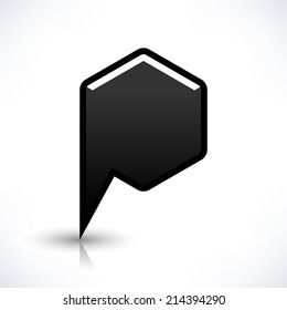 Map pin location sign rounded hexagon icon in flat style. Simple black shapes with gray gradient oval shadow and reflection isolated on white background. Web design element vector illustration 8 eps