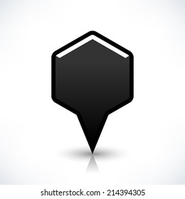 Map pin location sign rounded hexagon icon in flat style. Simple black shapes with gray gradient oval shadow and reflection isolated on white background. Web design element vector illustration 8 eps