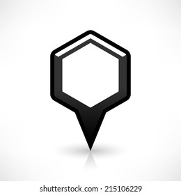 Map pin location sign rounded hexagon icon in simple flat style. Black shapes with oval gradient shadow and gray reflection isolated on white background. Web design element vector illustration 8 eps