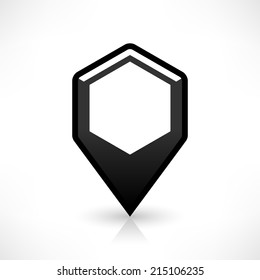 Map pin location sign rounded hexagon icon in simple flat style. Black shapes with oval gradient shadow and gray reflection isolated on white background. Web design element vector illustration 8 eps