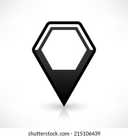 Map pin location sign rounded polygon icon in simple flat style. Black shapes with oval gradient shadow and gray reflection isolated on white background. Web design element vector illustration 8 eps