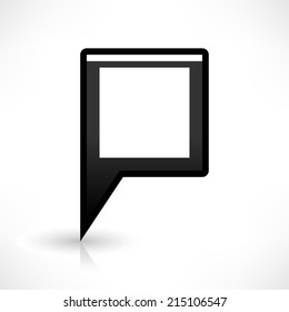Map pin location sign rounded square icon in simple flat style. Black shapes with oval gradient shadow and gray reflection isolated on white background. Web design element vector illustration 8 eps