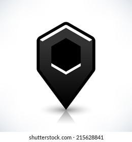 Map pin location sign rounded hexagon icon in simple flat style. Black shapes with gray shadow and reflection isolated on white background. Web design element save in vector illustration 8 eps