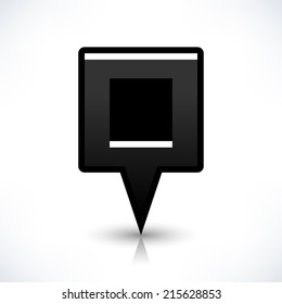 Map pin location sign rounded square icon in simple flat style. Black shapes with gray shadow and reflection isolated on white background. Web design element save in vector illustration 8 eps